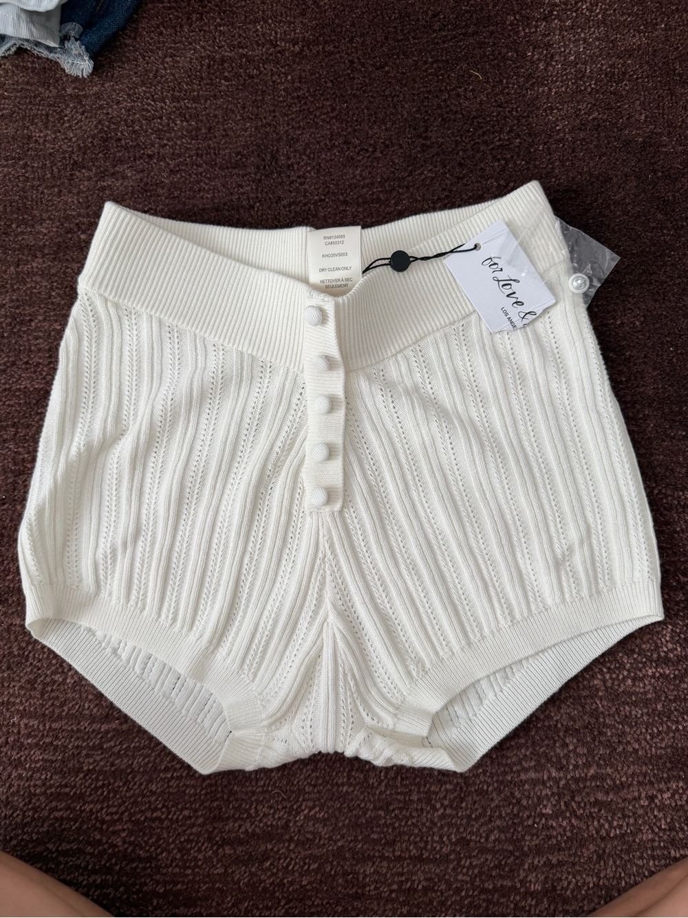 For Love And Lemons Ivory Ribbed High-Waist Button Shorts